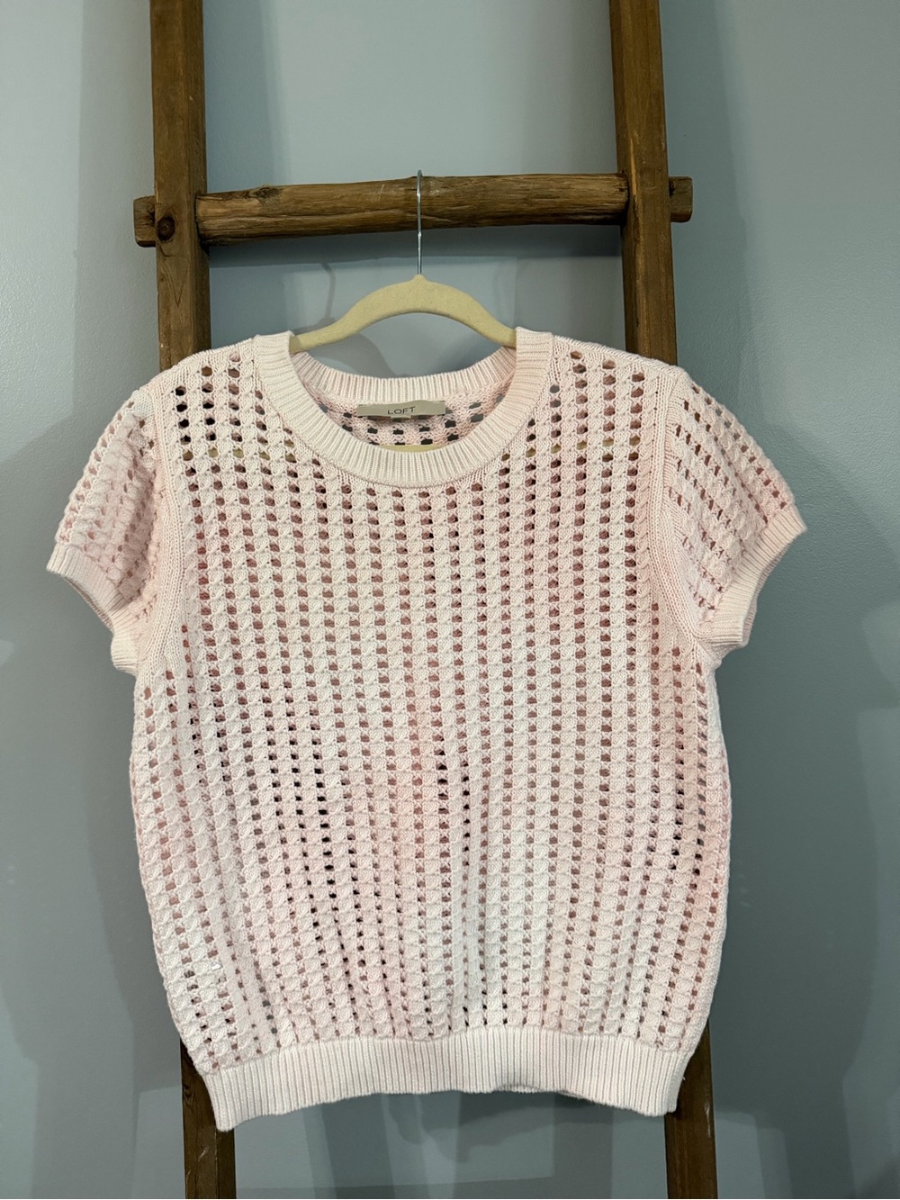 LOFT Soft Pink Open-Weave Short Sleeve Sweater